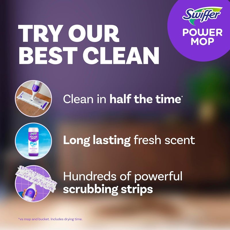 Swiffer مجموعة ممسحة متعددة الأسطح PowerMop لتنظيف الأرضيات، تشمل ممسحة PowerMop، 2 قطع إضافية من وسادة المسح، 1 محلول تنظيف برائحة منعشة و 2 بطاريات - Image 2